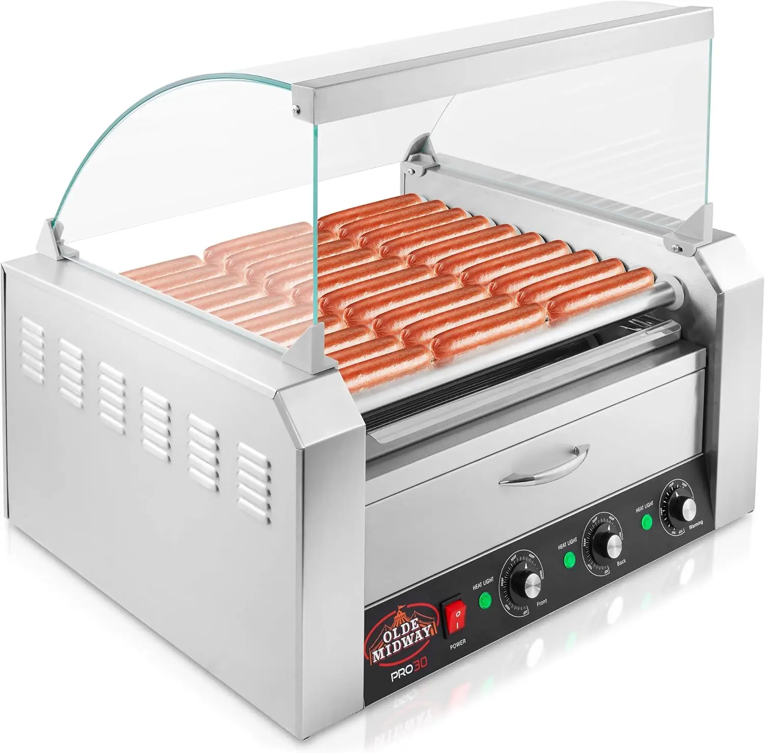 Electric 30 Hot Dog 11 Roller Grill Cooker Machine With Bun Warming Drawer And Cover - Commercial Grade, Stainless Steel