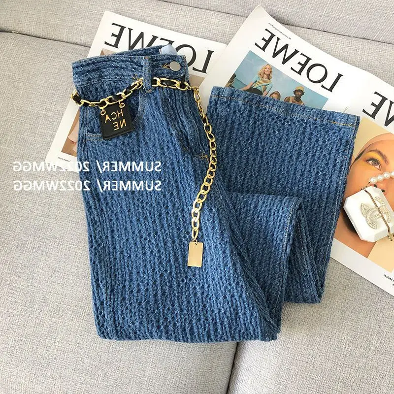 Celana Panjang Kaki Lebar Kancing Patchwork Saku Pinggang Higt Cocok untuk Musim Gugur Ritsleting Dicuci Longgar Jeans Lurus Wanita Tingkat Lanjut Biru Tren