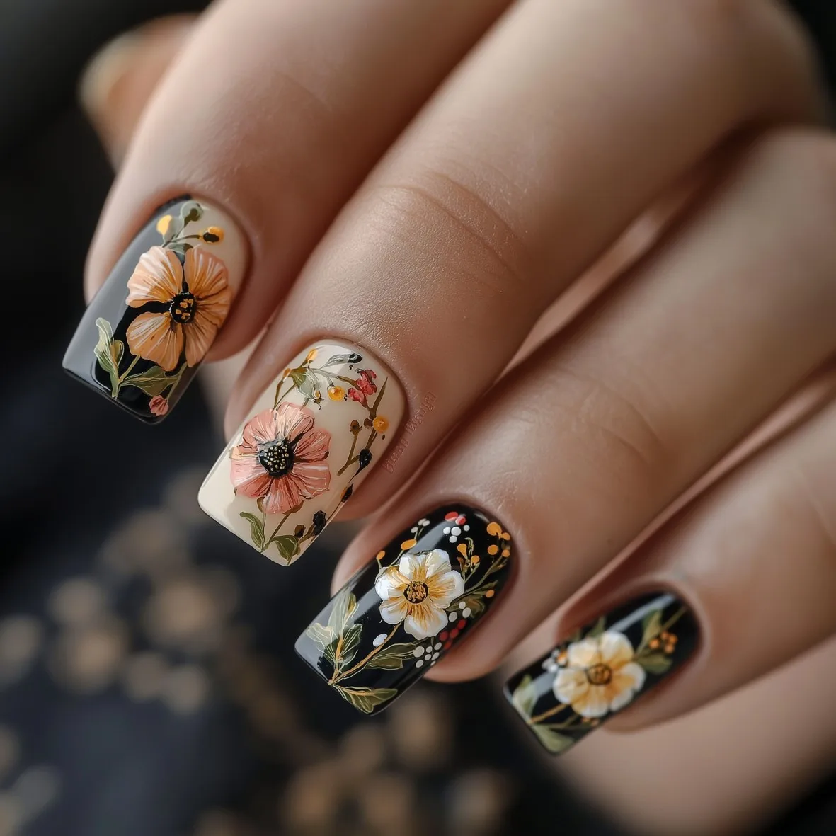 

Black White Square Press On Nails Elegant Flower Printed 24Pcs Full Cover Fake Nails for Lady DIY Manicure Stick-on False Nails