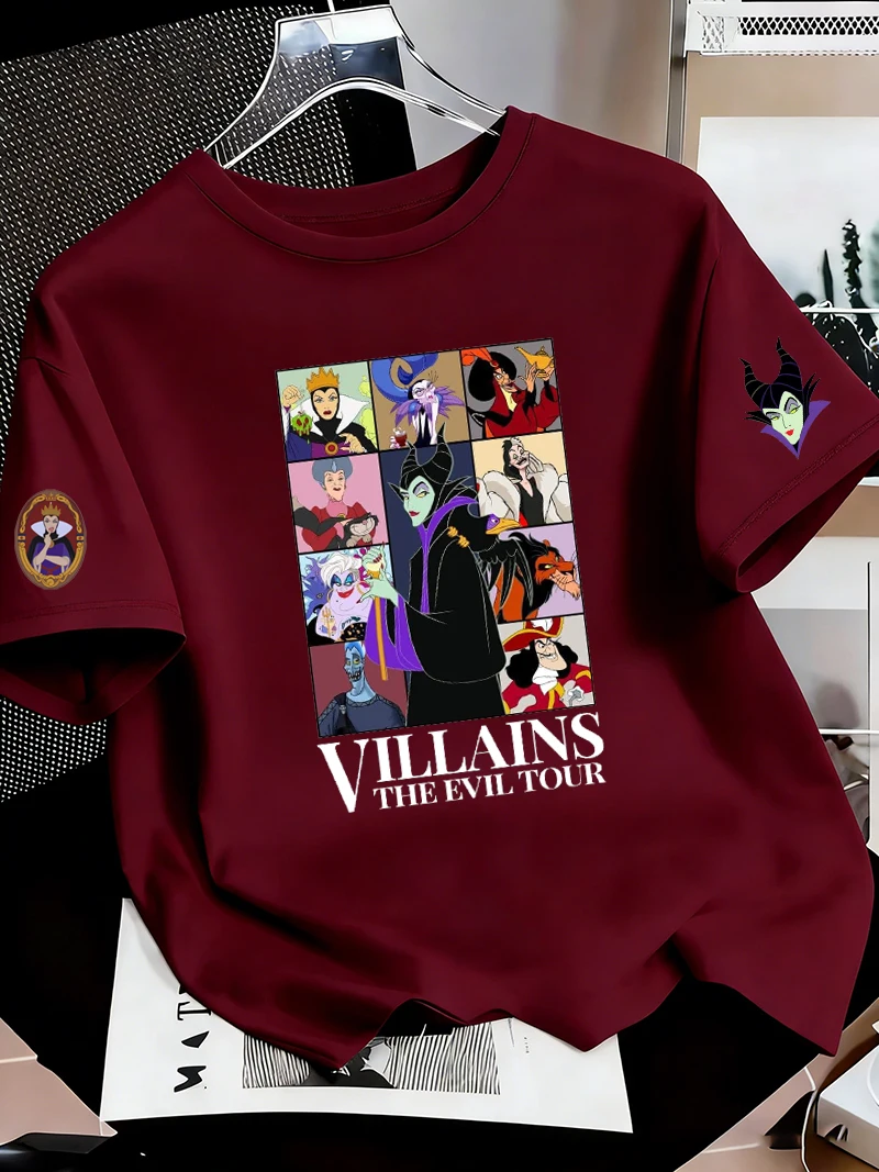 Футболка мужская Villains Evil Tour Maleficent Anime, летняя, с коротким рукавом, с мультяшным принтом, женская футболка, 100% хлопок, модный топ для пар