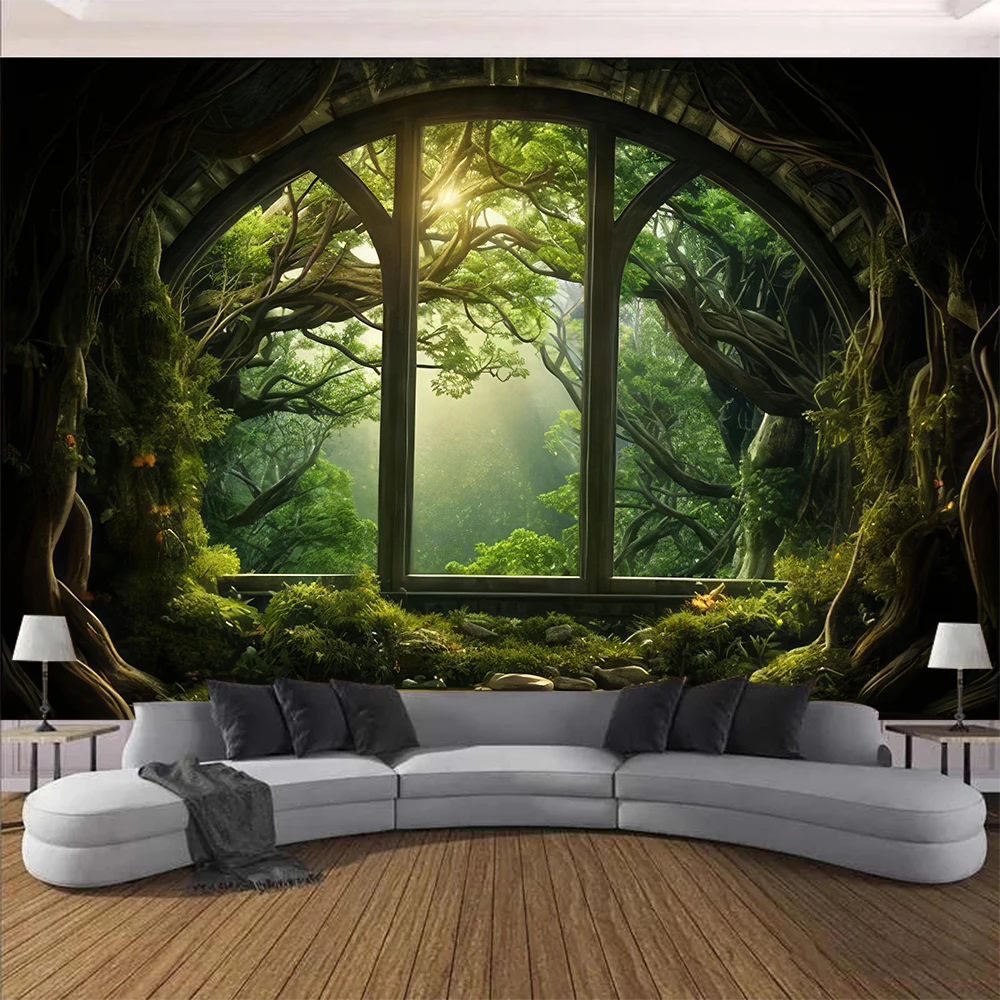 Image of Baumhohler Wandteppich mit Gothic-Fenster, Wald- und Bergszene, Wanddekoration, Landschaftswandbild, Wandbehang, mystische Wandteppiche