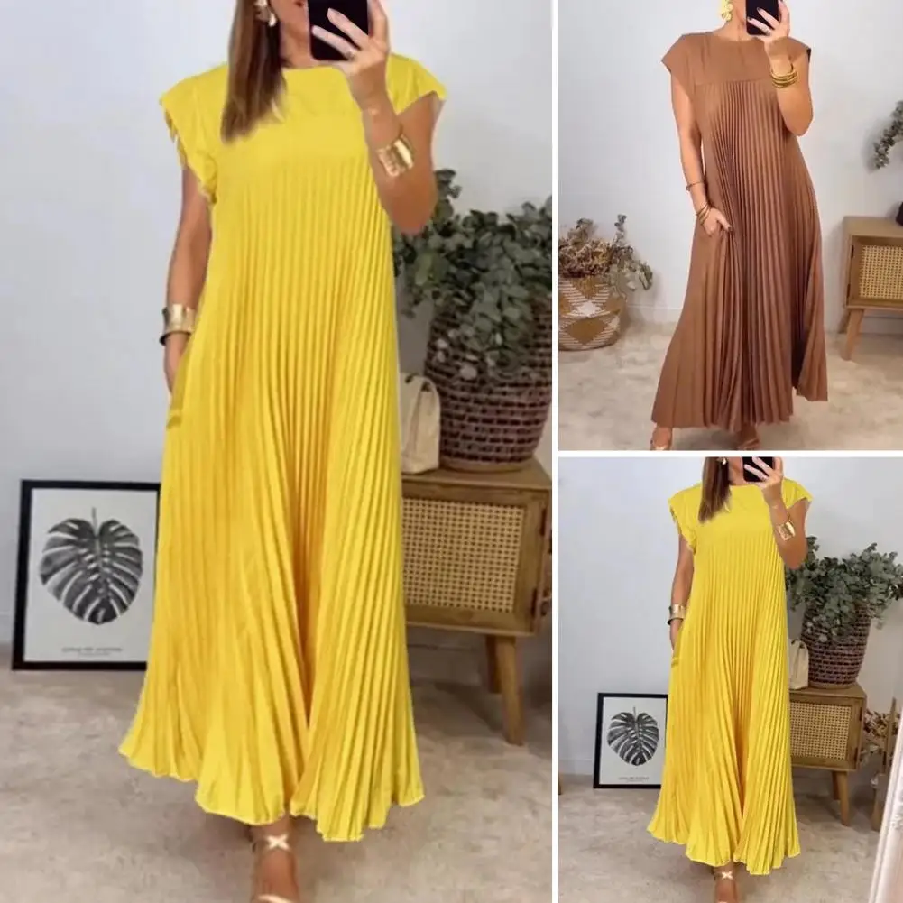 Falten kleid elegantes Maxi kleid mit Seiten taschen für Frauen einfarbiges Sommerkleid in A-Linie für den Weg zum Strand urlaub