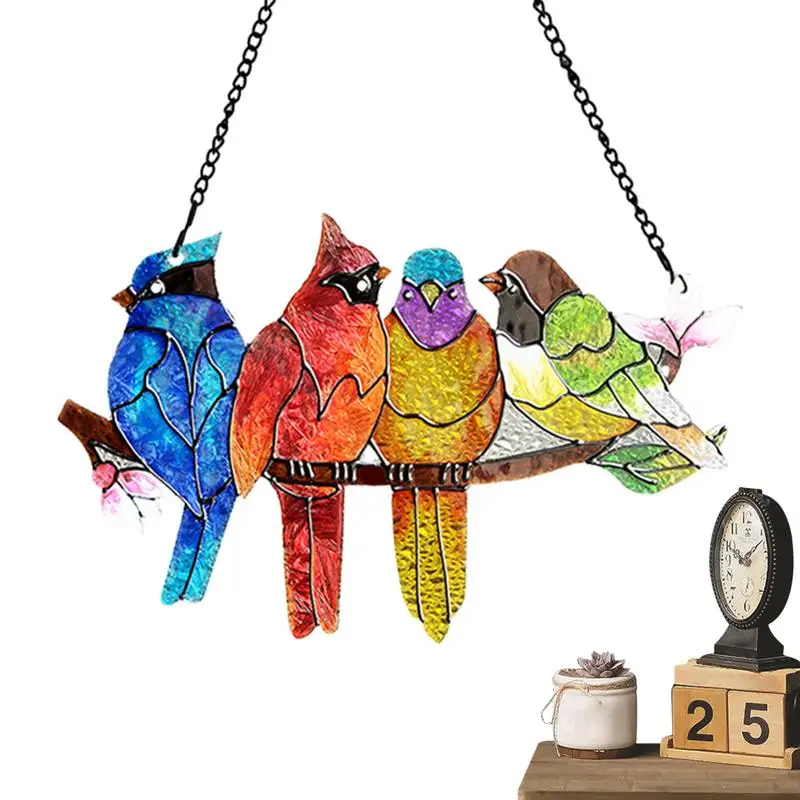 Stained Glass Bird Sun Catcher 4-Birds On Branch Sun Catcher Stained Glass Window Hangings Light Catchers Indoor Window Ornament