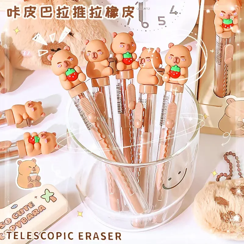 36Pcs/Lot New Capybara Press On Erasers Cartoon Kawaii Retractable Rubber Pencil Erasers For Kids Students Writing Drawing Gift