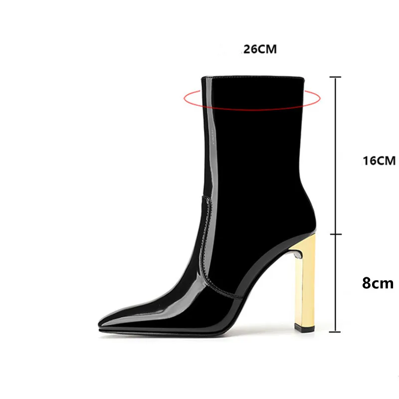 2025 Autumn Winter Patent Leather Fashion Women Ankle Boots Elegant Square toe Metal Gold High heels Chelsea Short Boots Shoes