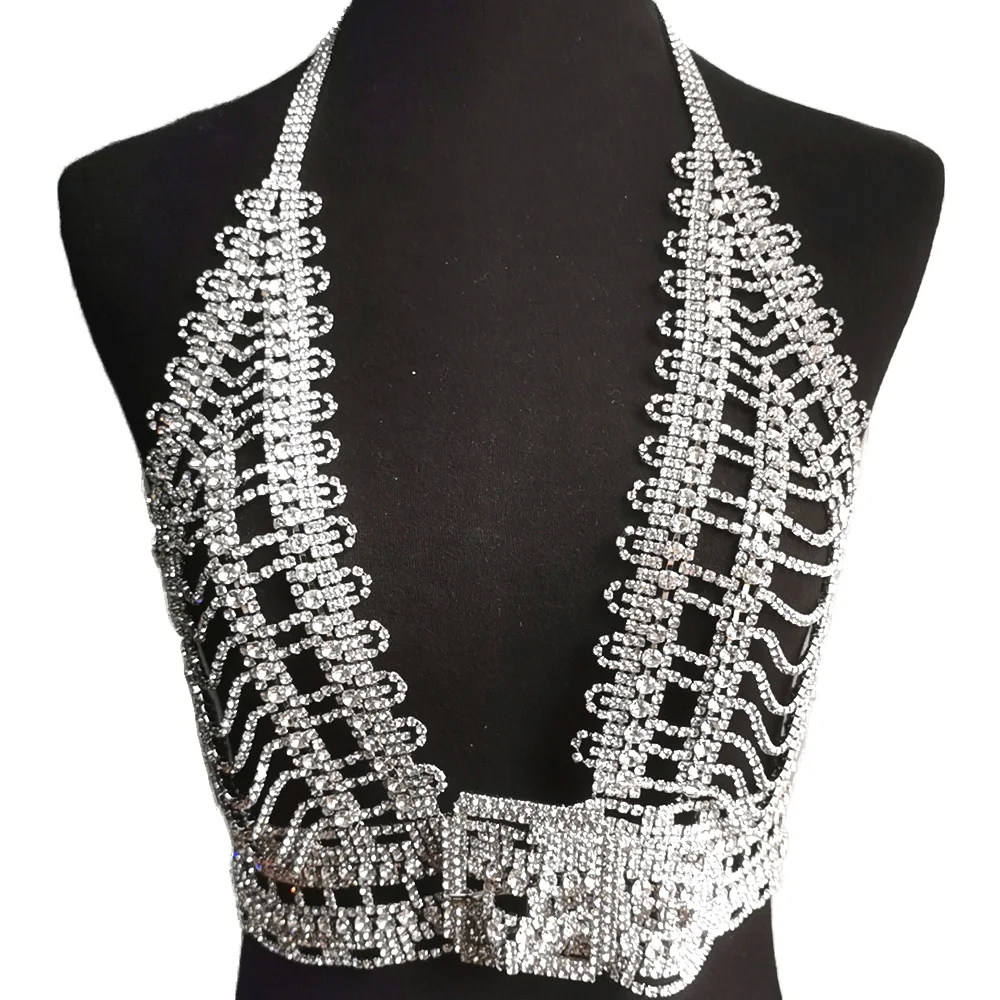 Sexy Deep V Neck Rhinestone Tops for Women Fashion Show Crystal Body Chain Jewelry Belts