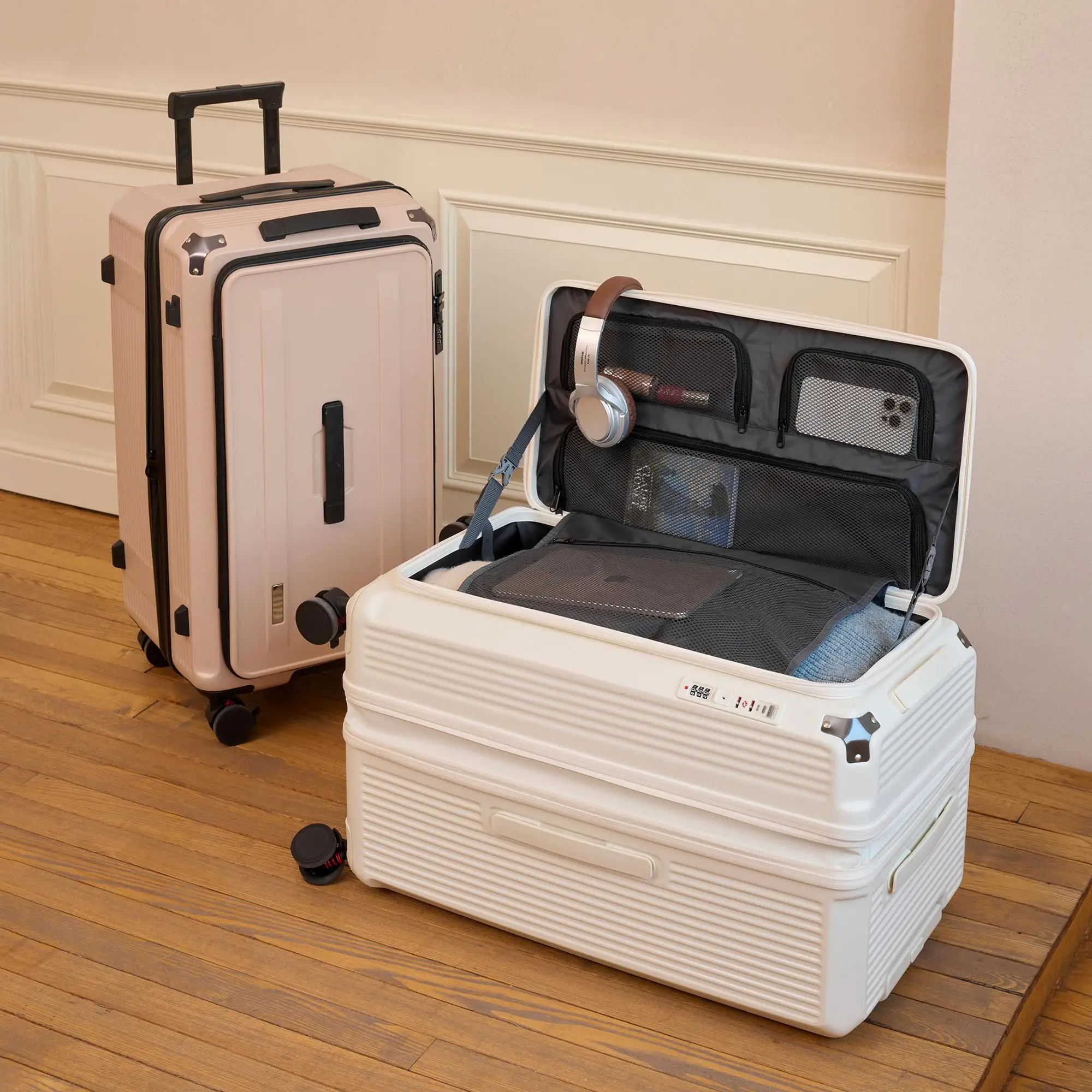 

Large Capaci Front Opening Zipper Lage Bag Travel Suitcase Women's Side Open Expandable Password Carry-On Men's Leather Box