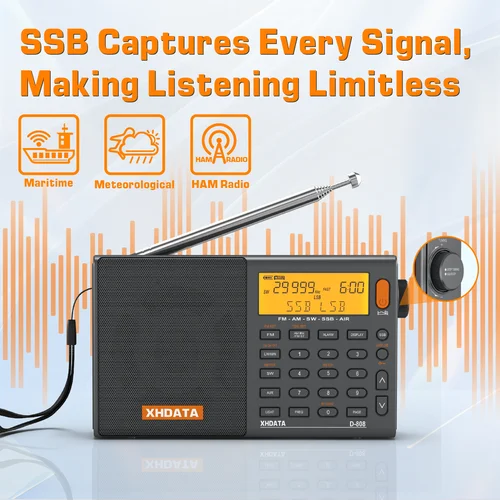 Imagen 2 del producto XHDATA D-808 Radio portátil AM/FM/SW/MW/LW SSB AIR RDS altavoz de Radio con pantalla LCD despertador Radio estéreo D808