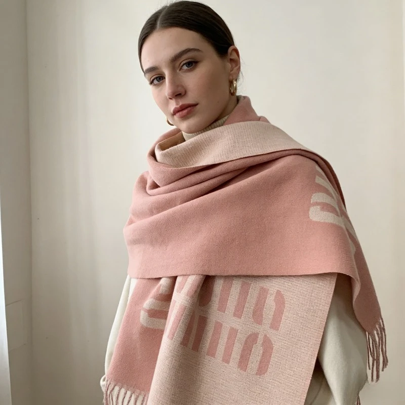 

1pcs Winter Thick Tassel Scarf Minimalist Versatile Letter Jacquard Warm Wrap Faux Cashmere Neck Scarf for Women Cold Weather