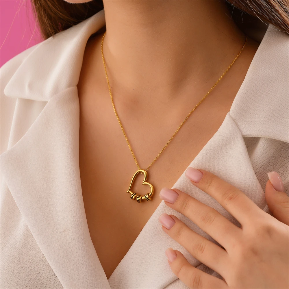 محفورة الخرز القلب قلادة قلادة للنساء مخصص اسم الأسرة القلائد شخصية الاطفال اسم مجوهرات هدية عيد ميلاد #3