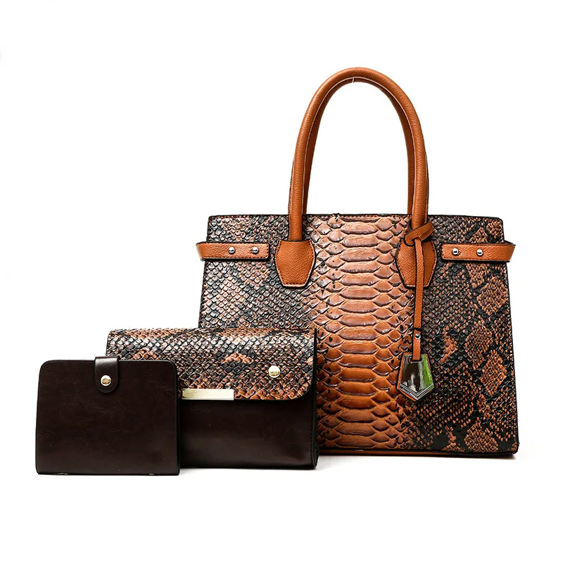 Dames Python Slangenhuid Draagtas Set Met Handtas, Portemonnee En Clutch,3 Stuks