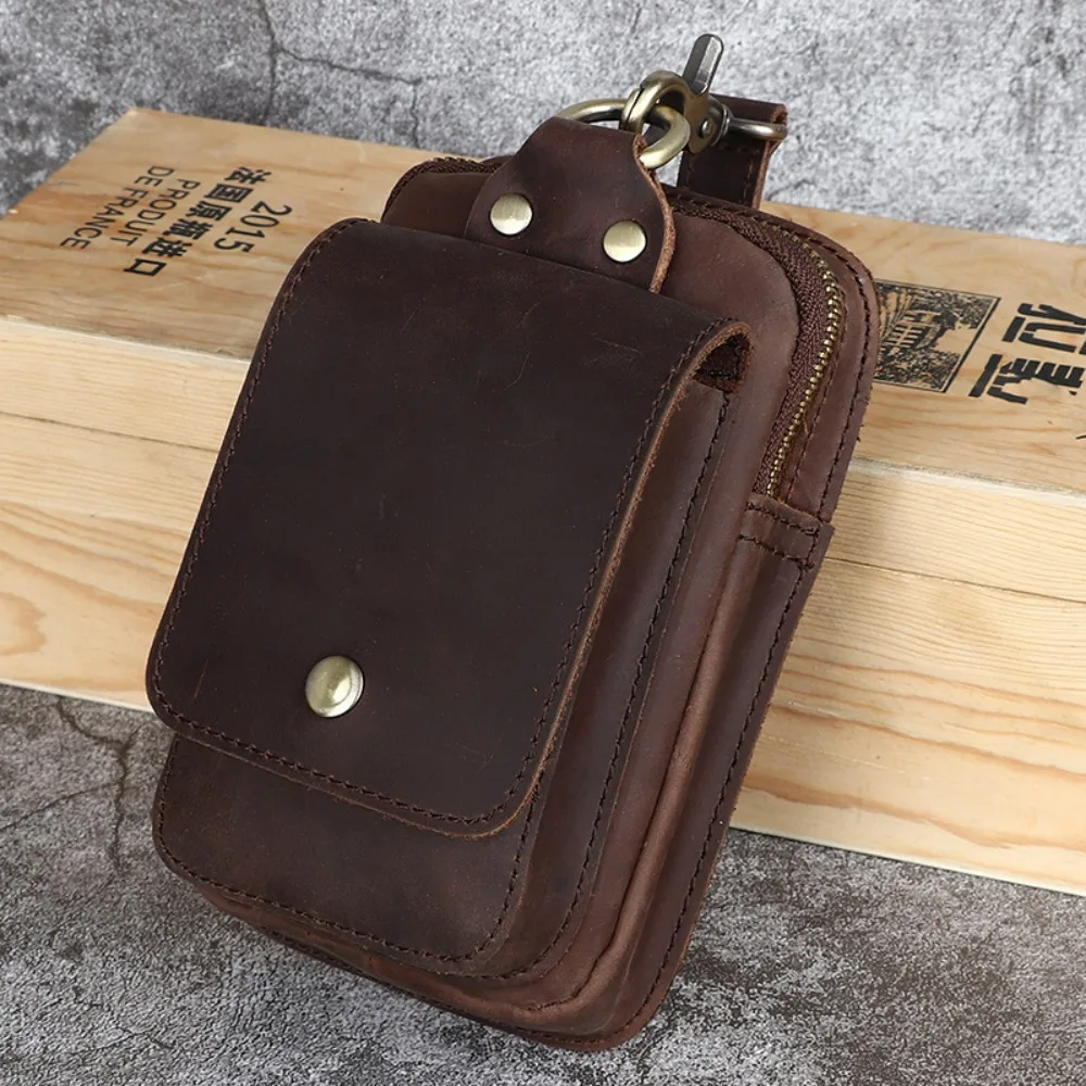 Bolso de cuero Crazy Horse para motocicleta para hombre, bolso con cinturón de cuero auténtico, riñonera Vintage alta para hombre, bolso para teléfono a la cadera