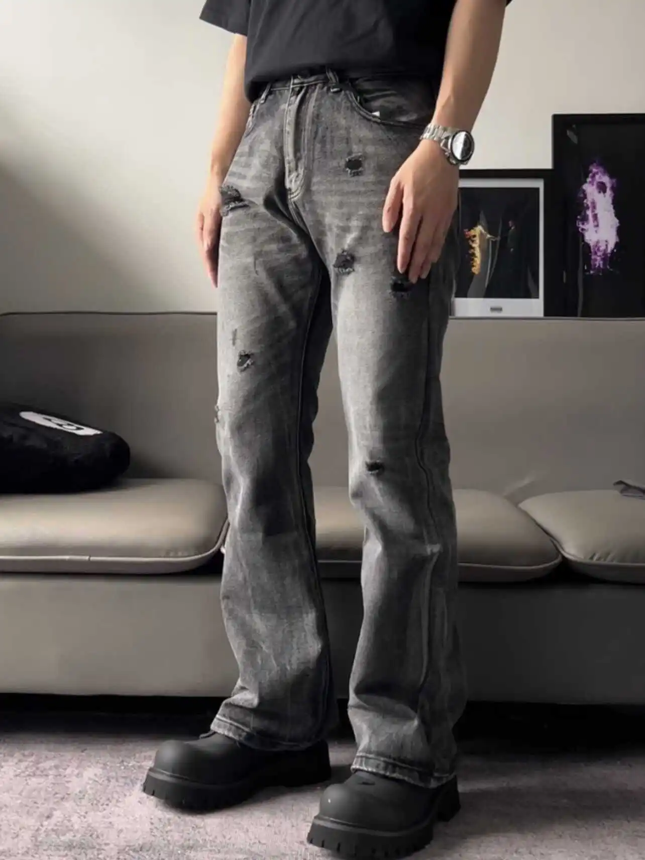 

Retro American High Street Vibe Bla Hole Destroyed Slim Fit Men's Jeans Casual Long Pants Straight Leg Wear Resistant