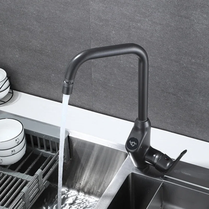 

Grey/Black Kitchen Sink Faucet Intelligent Digital Display Brass Deck Mounting Rotatable Hot And Cold Mixer Tap for Kitchen