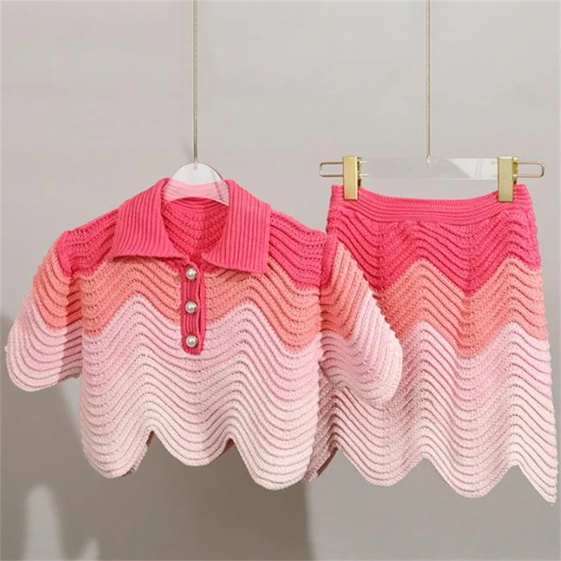 

New Gradient Short POLO Collar Knit Sweater Short Sleeve T-Shirt Striped skirt Pullover Suit Women