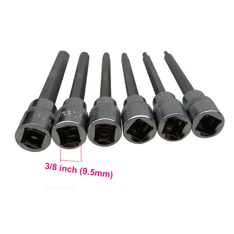 6pcs/set 110mm Length 3/8 Square Drive Socket Adapter Hex Head Screwdriver Bit Wrench Hand Tools Hexagon H3 H4 H5 H6 H8 H10