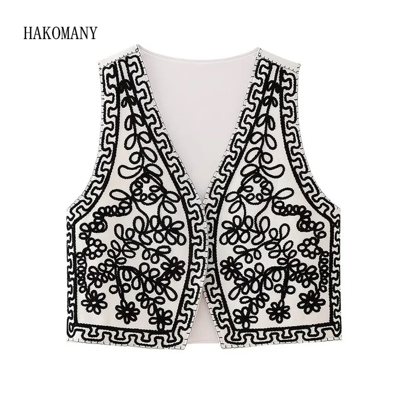 

2023 Women White Embroidery Black Flower Open Stitching Waistcoat BOHO Vest Jacket Outfits Casual Vacation Crop Top