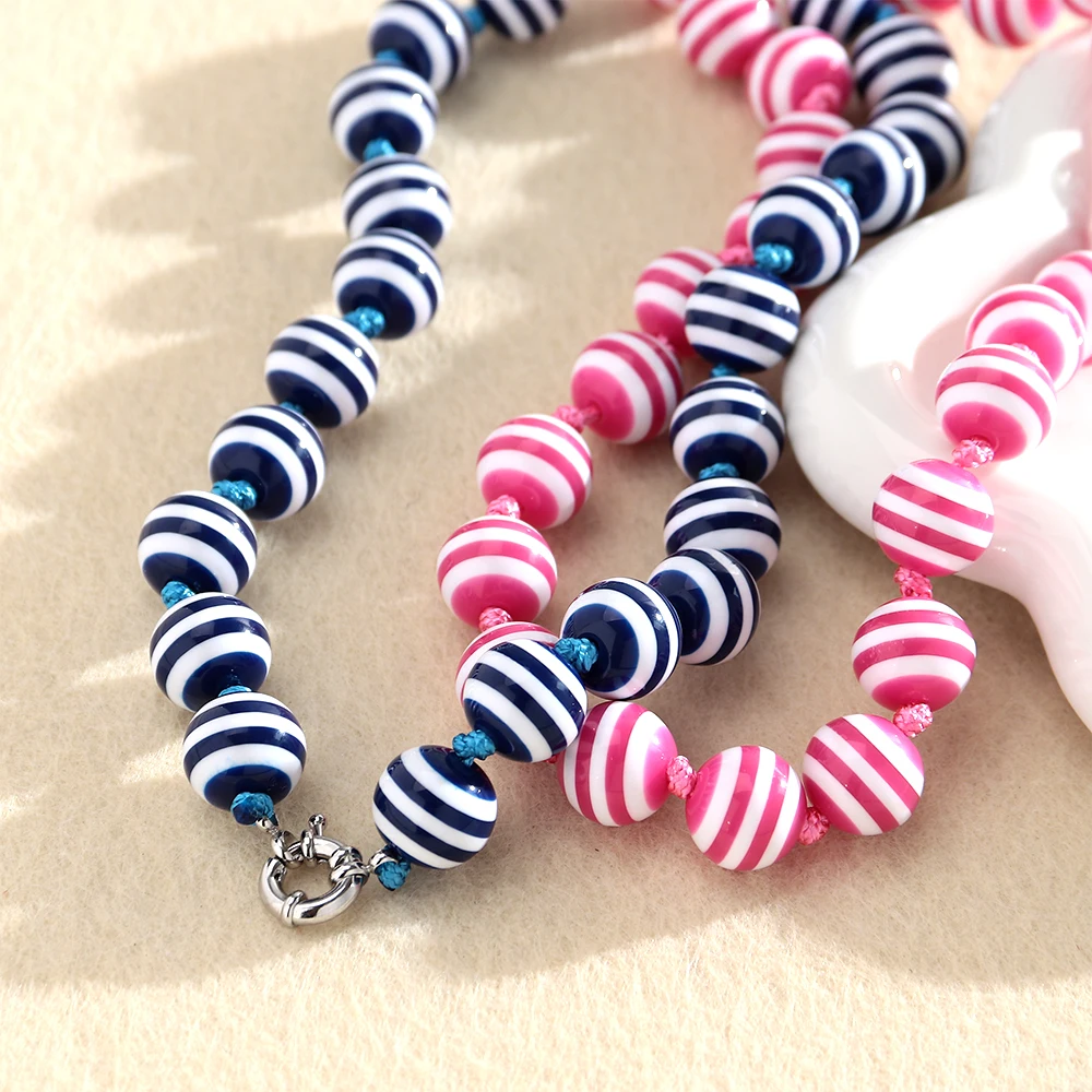 Modische, bunte, gestreifte, runde Perlen, handgefertigte Halskette mit Knoten, geometrische Acryl-Kugelperlen, Choker-Halsketten, neue Schmuckgeschenke – Detail 5