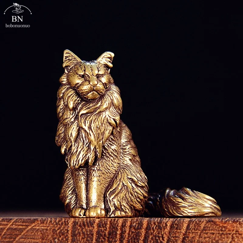 Maine Coon Miniatur-Figuren Messing Tierfigur Katze Kleine Statue Schreibtisch-Ornamente Vintage Wohndekorationen Handwerkszubehör