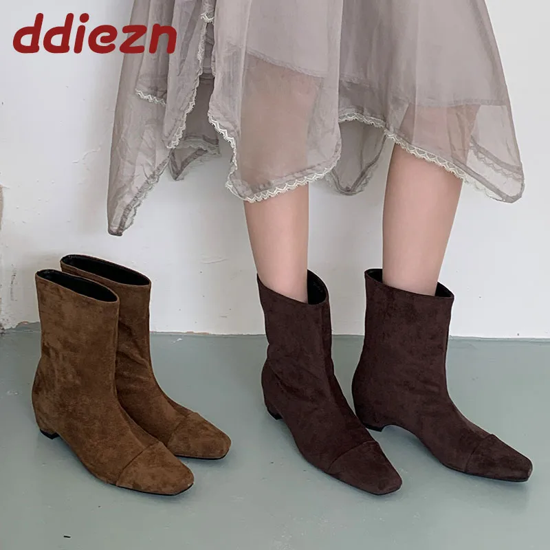

Модные женские ботильоны из флока, женская обувь на низком каблуке, женские короткие ботинки без шнуровки, новая обувь