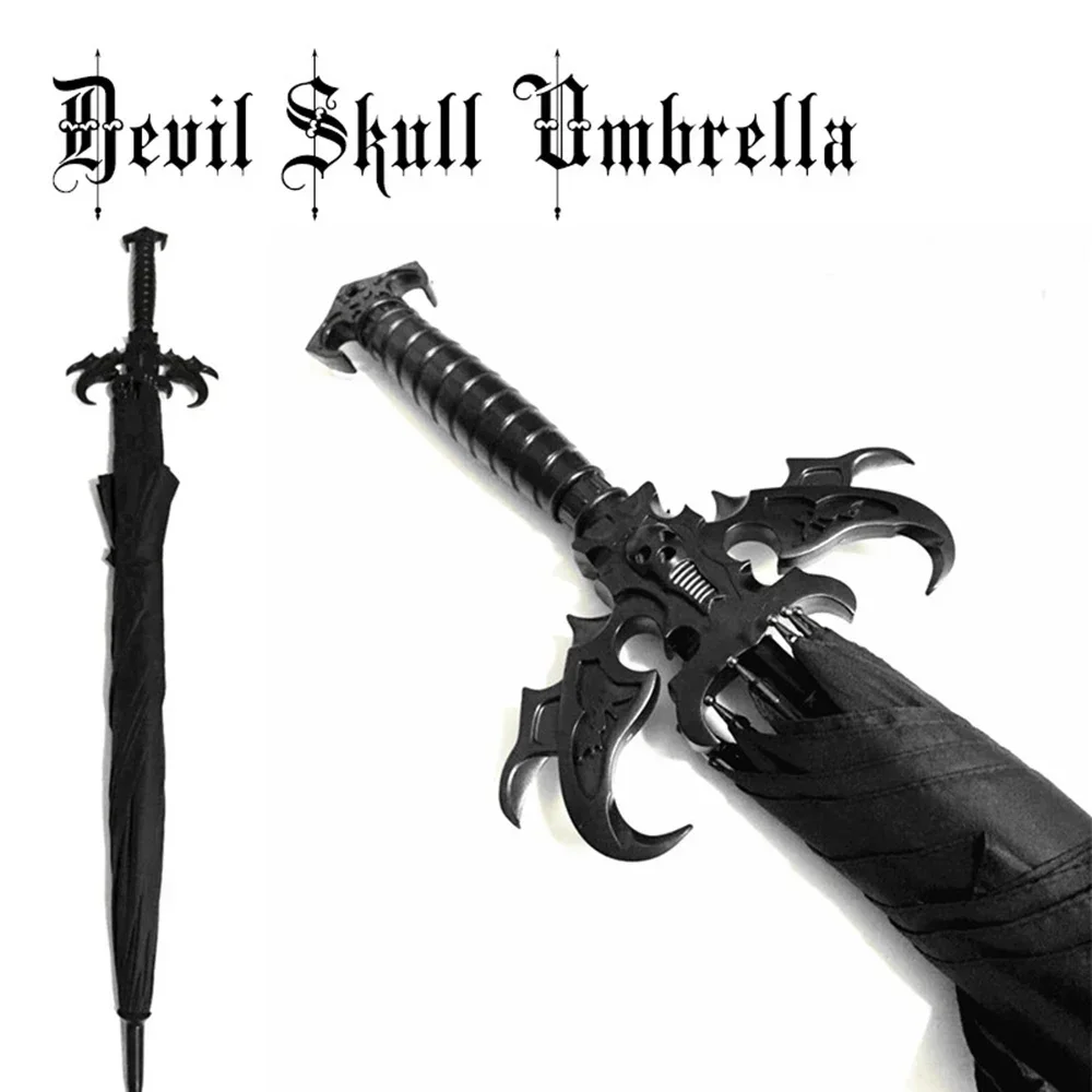 Holy Sword Gothic Style Devil Personality Creative Style Modeling Demon Skull Black Straight Handle Umbrella Automatic Sunshade