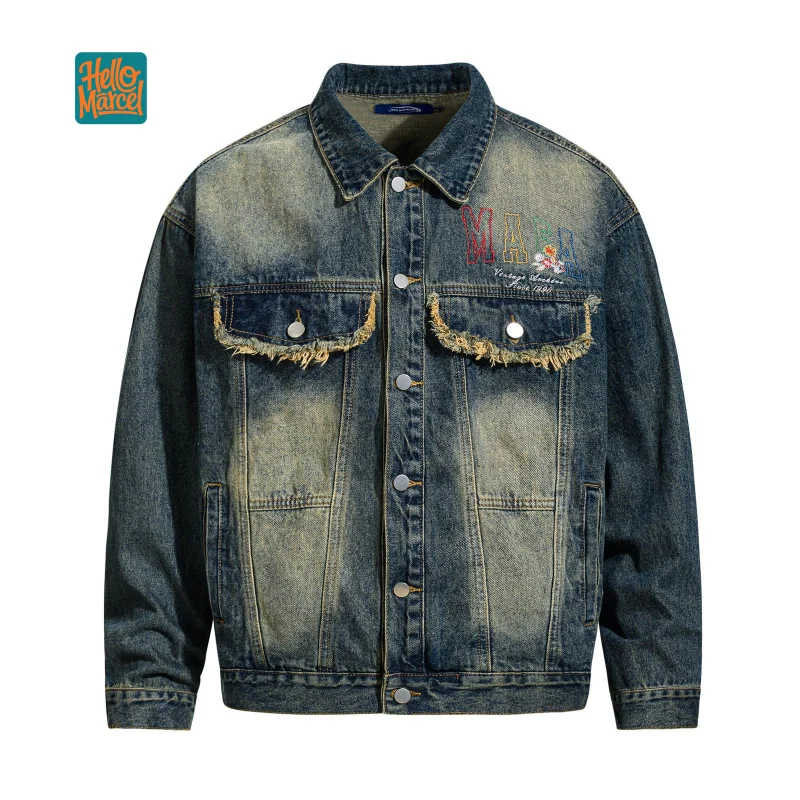 

HELLOMARCEL EU US Size Top Quality Street Outdoor Wear Luxury Washed Heavy Letter Embroidery Loose Casual Men Women Denim Jacket