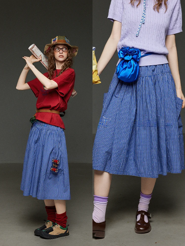 

Женская модная юбка TNIT в стиле ретро, в клетку, А-силуэта, с большими карманами, с высокой талией, свободного кроя, для лета и повседневной носки