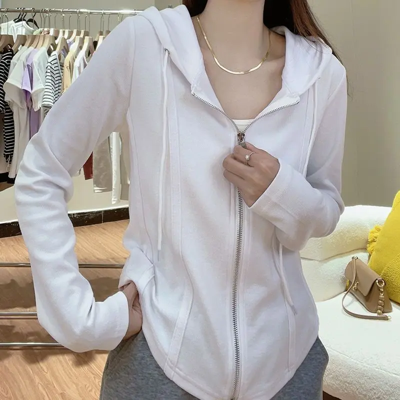 Spring Autumn New Solid Color Fashion Long Sleeve Hoodies Women High Street Casual Slim Zipper Drawstring All-match Cardigan