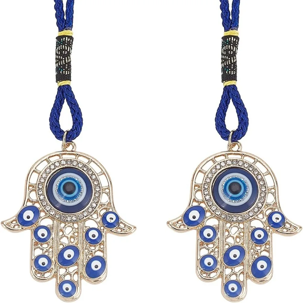 2pcs Hamsa Hand Amulet Pendant Hand of Miriam with Hanging Ornament Pendant Decorations Blue Lucky Protection Alloy