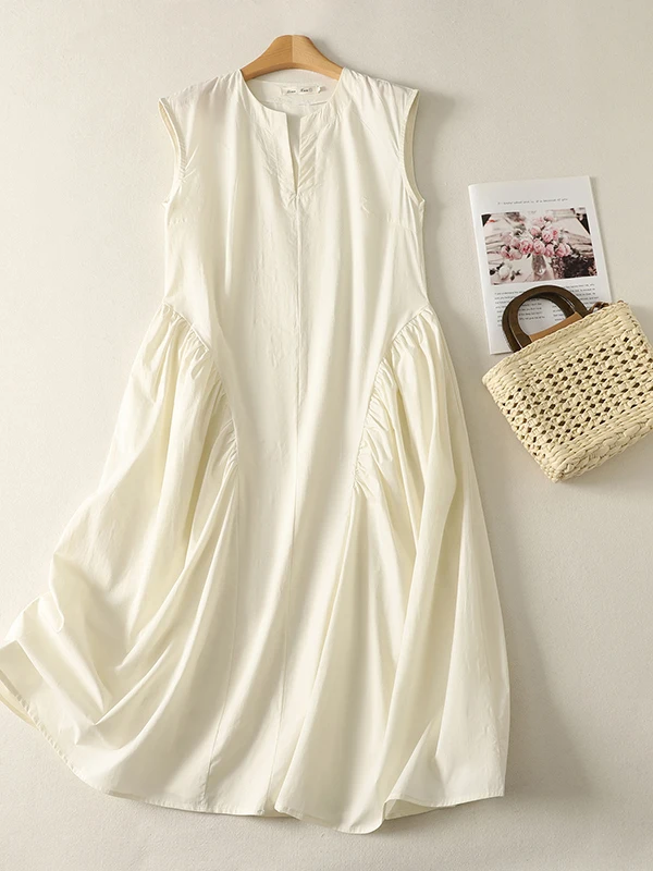 

Summer Vintage Women's Long Knee-Length Vest Dress Artistic Style A-Line Midi Dress Casual Wear No-Sleeve Mid-Length Dress