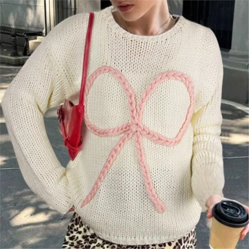 

Autumn Winter Women's Loose Knitted Sweater with Knot Long Sve round Ne Pullover Faion Commute Sle