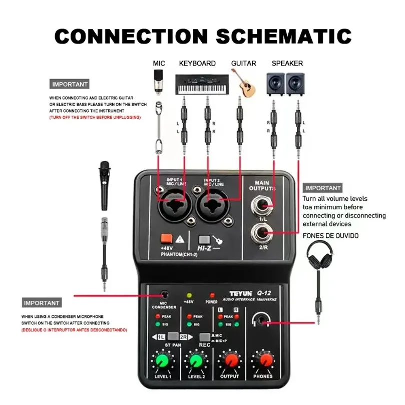 Draagbare Professionele 2-Kanalen Audio Interface Geluidskaart Console Mini USB MIXER voor Gitaar Opname Studio Zingen TEYUN Q12