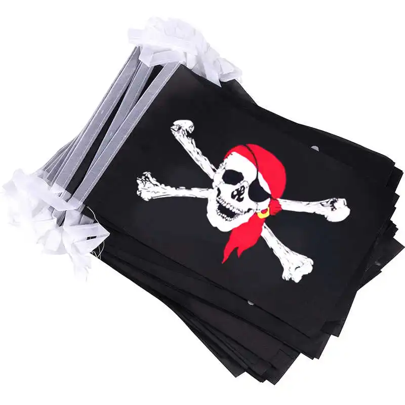 20 Stück hängende Piratenflagge, 14 x 21 cm, roter Schal, Totenkopf, bedruckt, schwarz, 6 m Länge, für Zuhause, Party, dekorative Flaggen und Banner