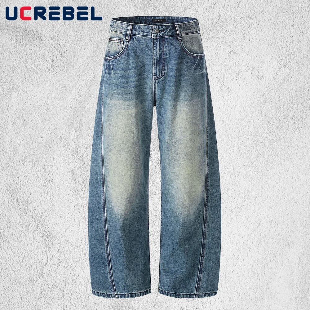 

Spliced Scimitar Jeans Mens Pocket Retro Washed Distressed High Street Baggy Wide Leg Denim Pants Man