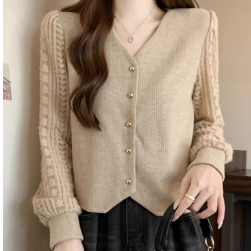 Beige V Neck Knit Cardigan Women Long Puff Sleeves Single Breasted Button Down Soft Sweater Top Spring Autumn Korean Style