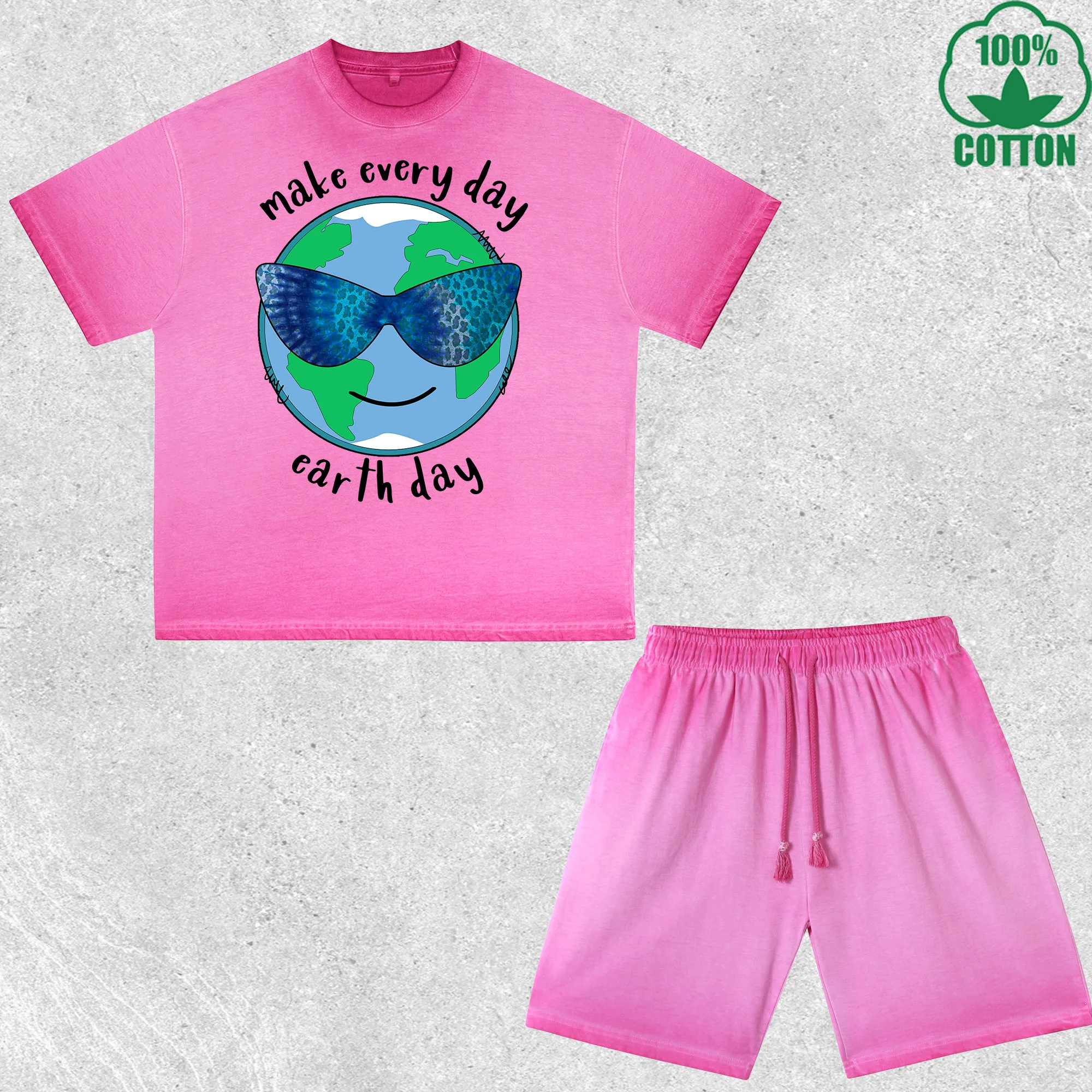 

Love Earth Day Printed Dirty Wash T-Shirt Shorts Set Multicolor Combo Loose Trendy Fashionable 100%Cotton Short Value Pack