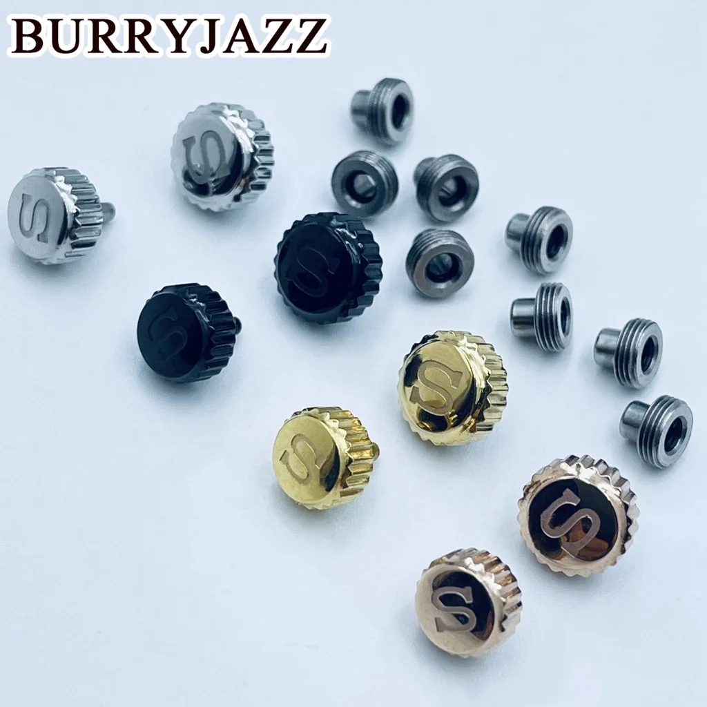 BURRYJAZZ الفضة الأسود ارتفع الذهب ساعة التيجان ساعة أجزاء استبدال S تاج الفولاذ المقاوم للصدأ لحركة NH34 NH35 NH36