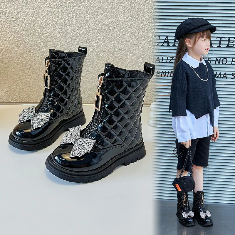 Girls Autumn New Glossy Chelsea Boots 2023 Winter New Kids Versatile Rhinestone Bow Little Princess Casual Korean Style Boots