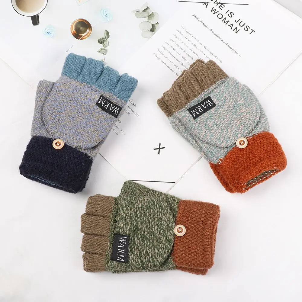 Flexible Dual-use Exposed Finger Thick Gloves Unisex New Winter Warm Thickening Wool Mittens Knitted Flip Top Fingerless Gloves