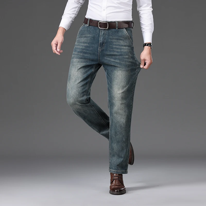 Autunno nuovi Jeans dritti da uomo classico cotone elasticizzato lavato Business pantaloni Casual in Denim vestiti di marca di moda nero blu grigio