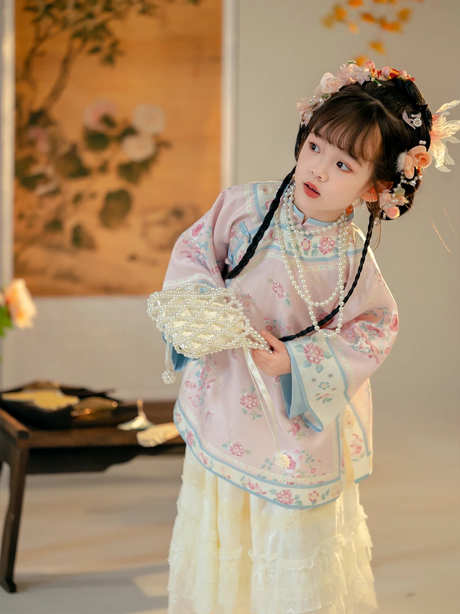 한푸 여아 가을 의류 2024, 어린이 명나라, 긴 중국 스타일, 새로운 중국 말 스커트 세트