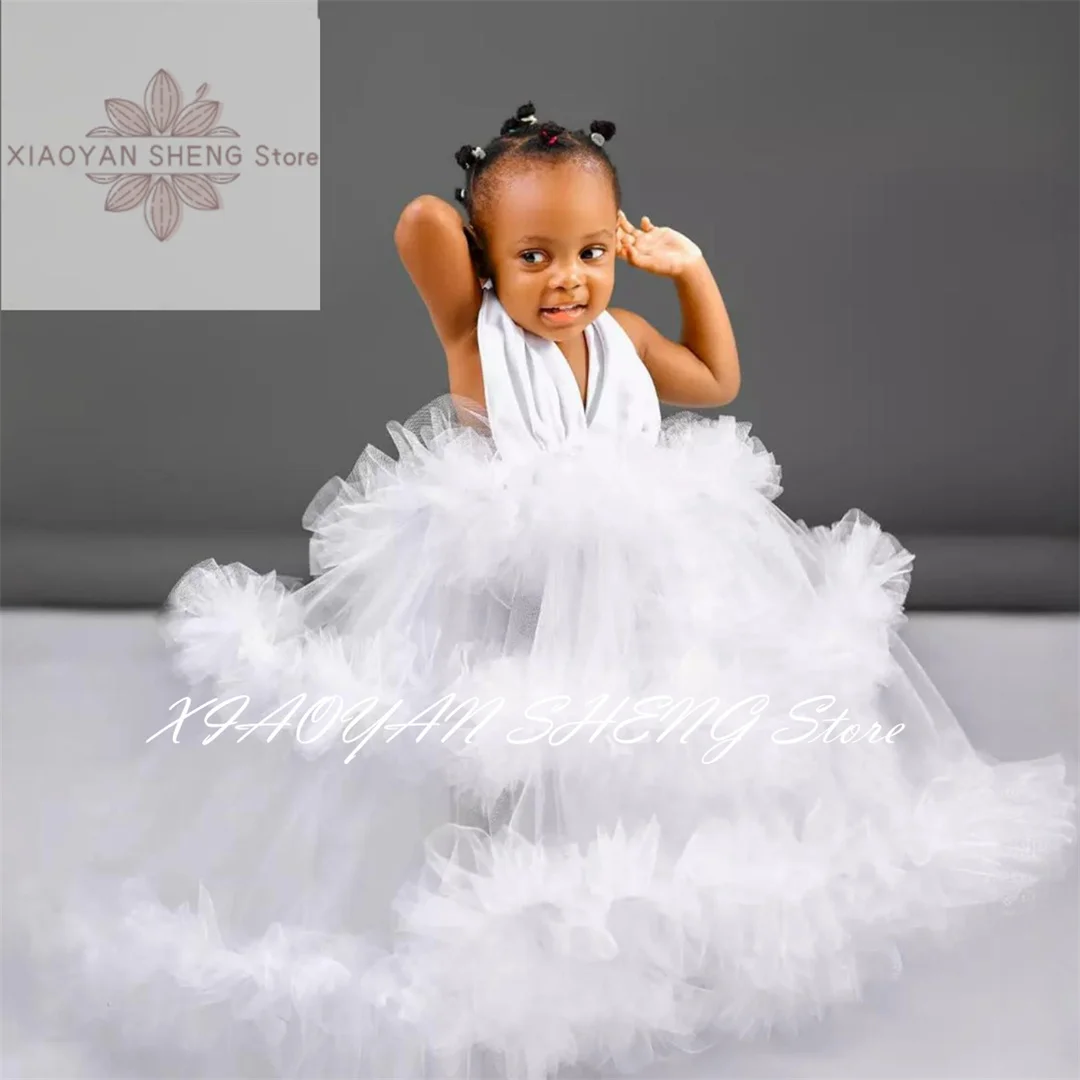 Flower Girl Dresses Halter Flowergirl Dress Girls Birthday Party Dress Tiered Tulle Queen Princess Gowns for African Black Littl