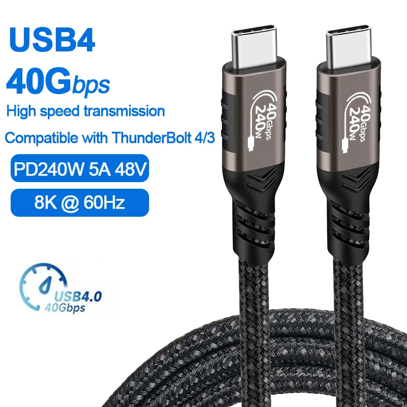 USB4 Data Cable Compatible with Thunderbolt 4/3 240W 5A Fast Charging 40Gbps Data Transfer Type C Cord 8K@60Hz for Macbook Pro