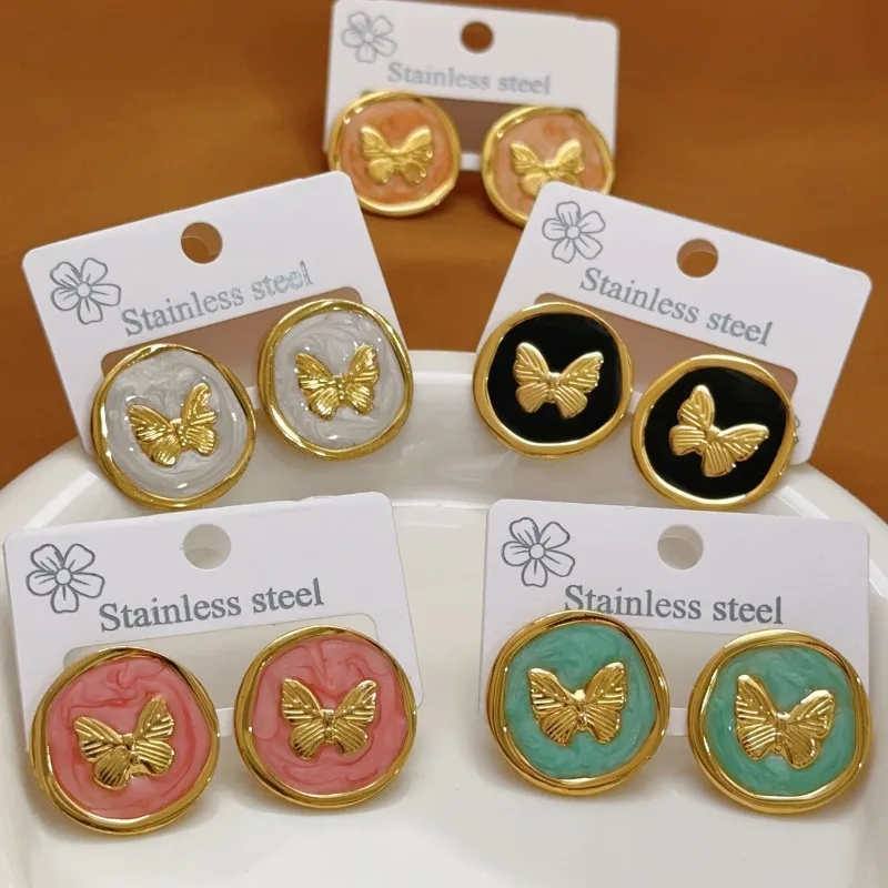 Korean Retro Gold Color Stainless Steel Colored Resin Drops Round Butterfly Stud Earrings for Woman Girls Designer Jewelry Gift