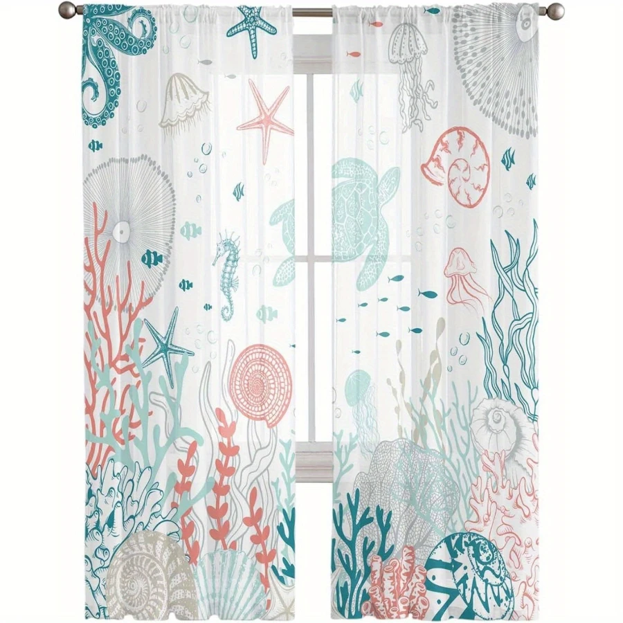 2PCS Digital Printed Sheer Curtain, Summer Ocean Sea Theme, Coastal Beach Nautical Vacation for Living Room Bedroom Home Decor - view 6