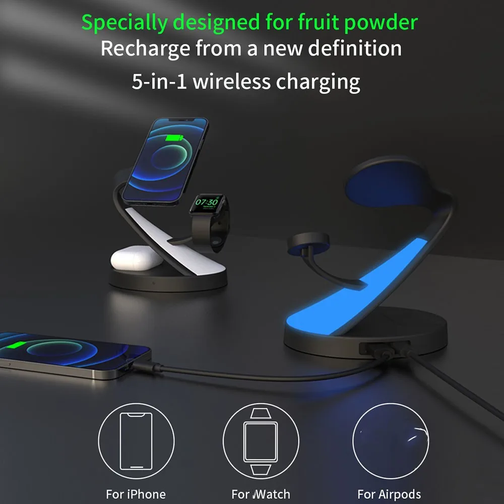 

5 in 1 Fast Wireless Charging StationFor iphone 15 14 13 Qi 15w Magnetic Wireless Charger for Smart Watch Led Night Lamp