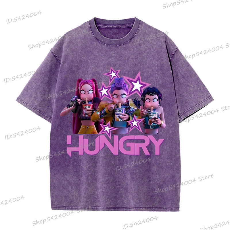 Anime Cartoon Purple Series Cotton T-shirt Women Long Sleeve Washed Tshirt Set Anime Anime Cartoon Pant+Hoodie Suit