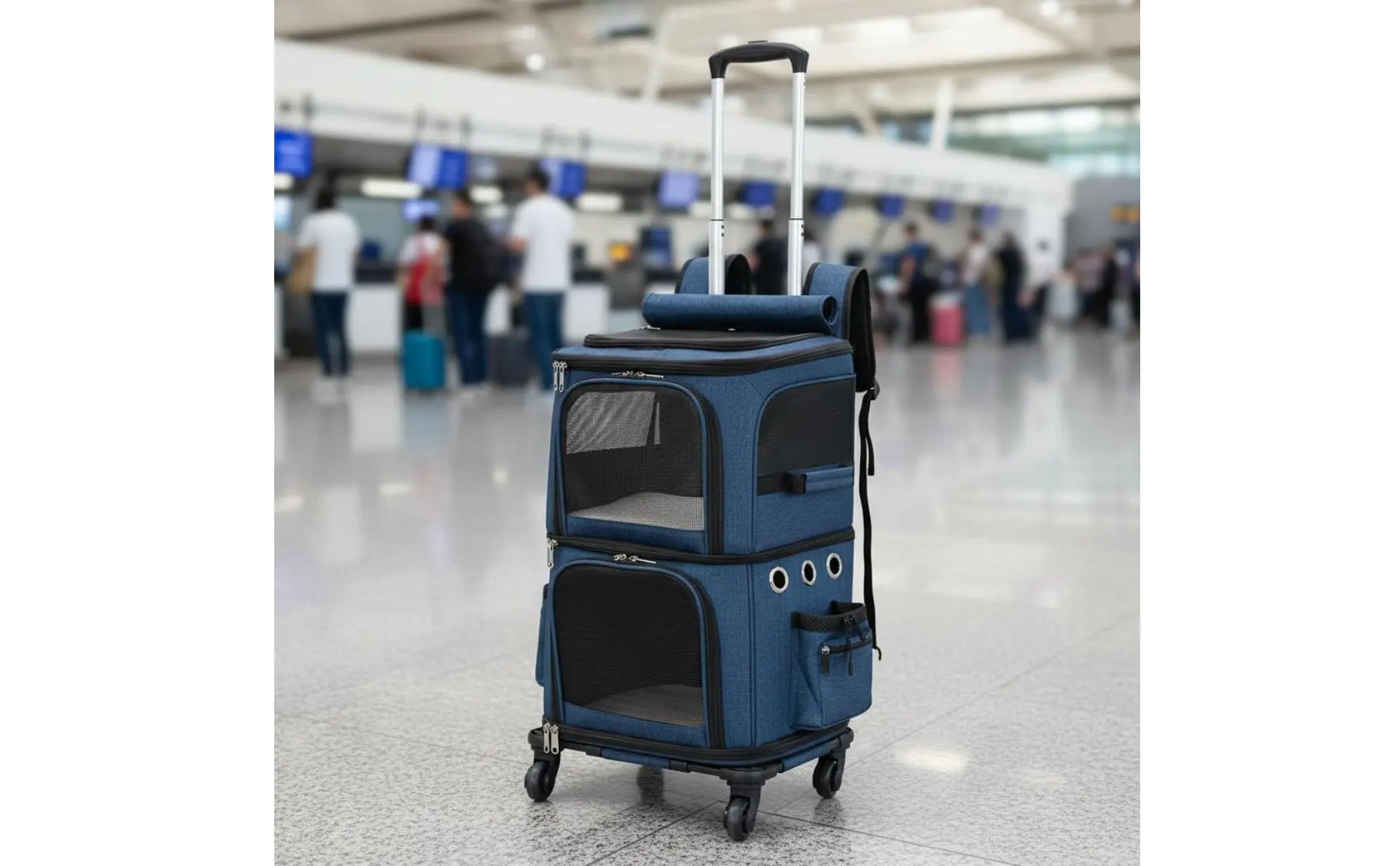Double-Deck Pet Carrier Breathable Pet Trolley Bag Feline Travel Carrier Telescopic Handle Dog Travel Bag Portable for Vet Visit