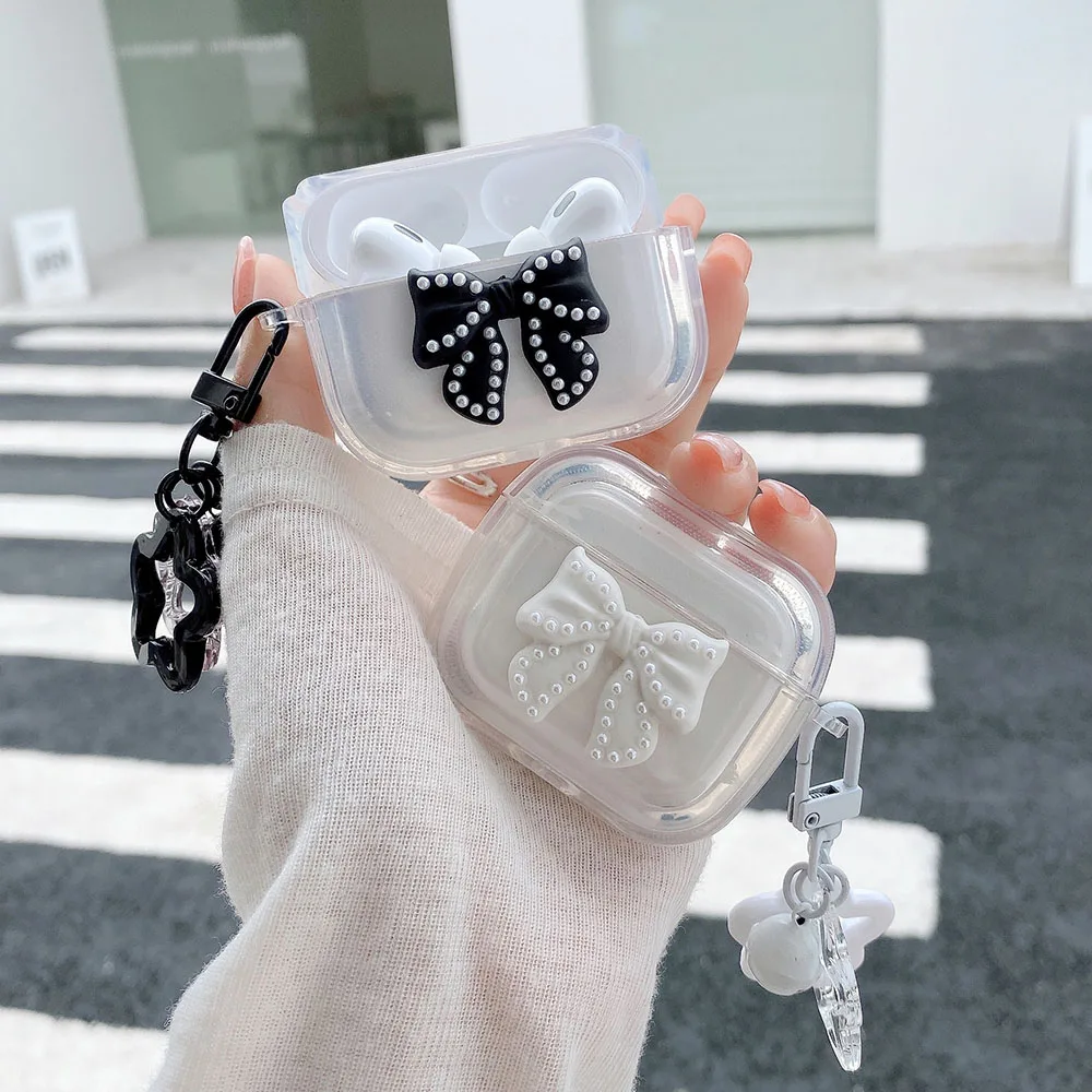 Luxury Pearl Black White Bow Transparent Earphone Case Star Bell Keychain For Apple AirPods Pro 2 1 3 Wireless Headset Box Shell