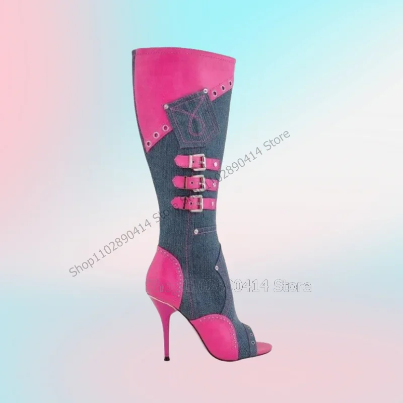 

Rose Red Blue Denim Patchwork Buckle Peep Toe Boots Slip On Women Shoes Thin High Heels Fashion Party 2023 Zapatos Para Mujere